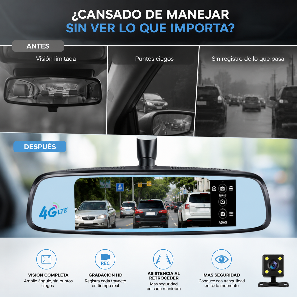 Espejo Retrovisor Inteligente 4 en 1 con Pantalla Táctil