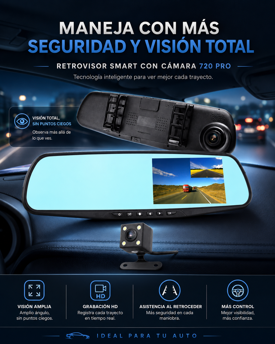 Espejo Retrovisor Inteligente 4 en 1 con Pantalla Táctil