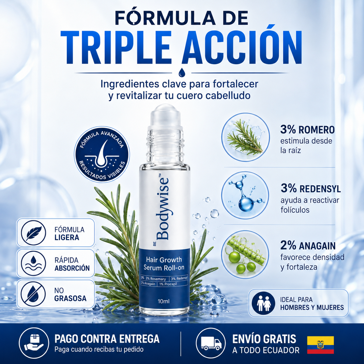 Sérum Capilar Roll-On de Triple Acción para Hombres y Mujeres
