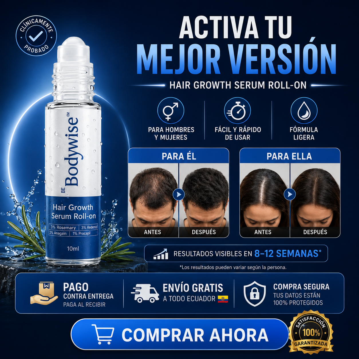Sérum Capilar Roll-On de Triple Acción para Hombres y Mujeres