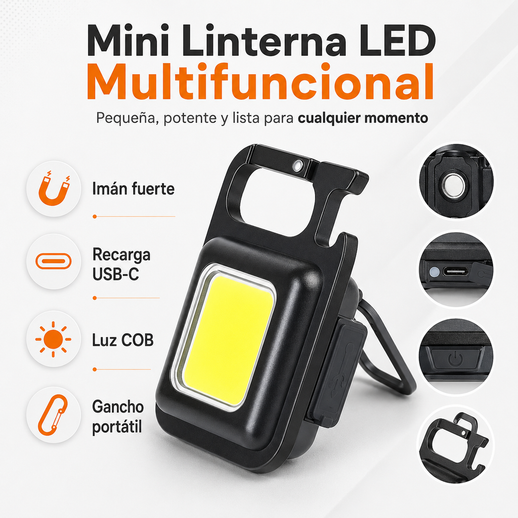 FlashLight Hook - Mini Linterna LED Multifuncional Recargable 6 en 1 | Compra 1 y llévate 3