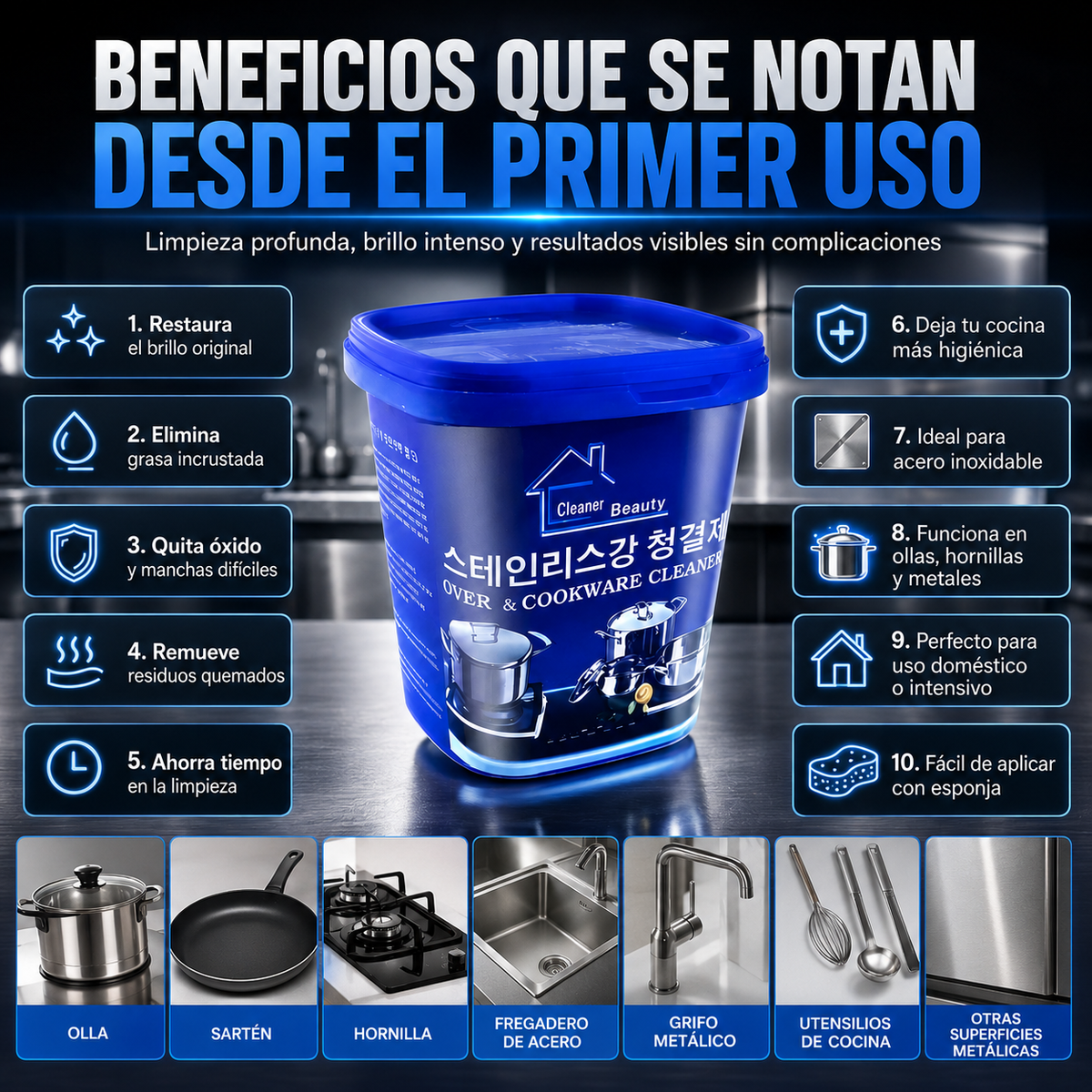 Pasta Quita Grasa 500g para Devolver el Brillo a Ollas y Hornillas