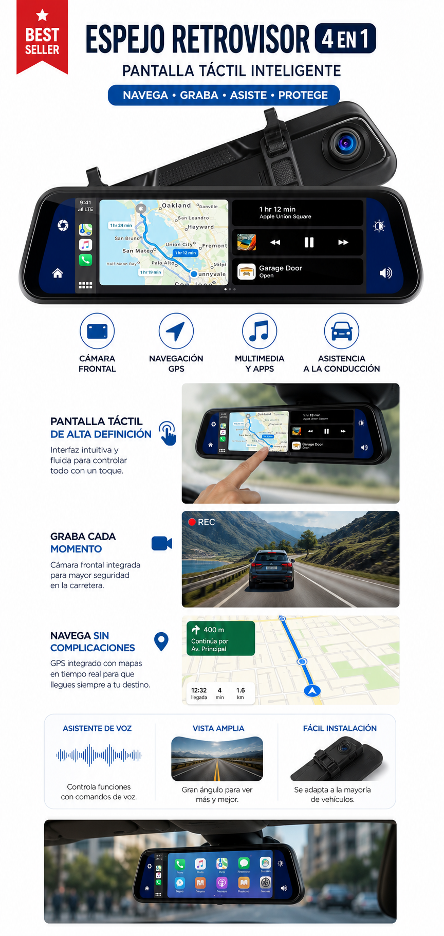 Espejo Retrovisor Inteligente 4 en 1 con Pantalla Táctil