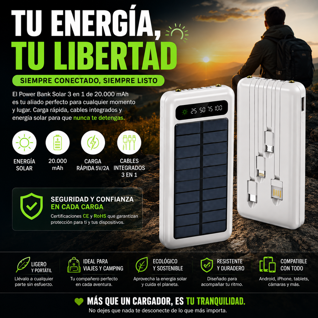 Power Bank Solar 3 en 1 — Energía Siempre Contigo