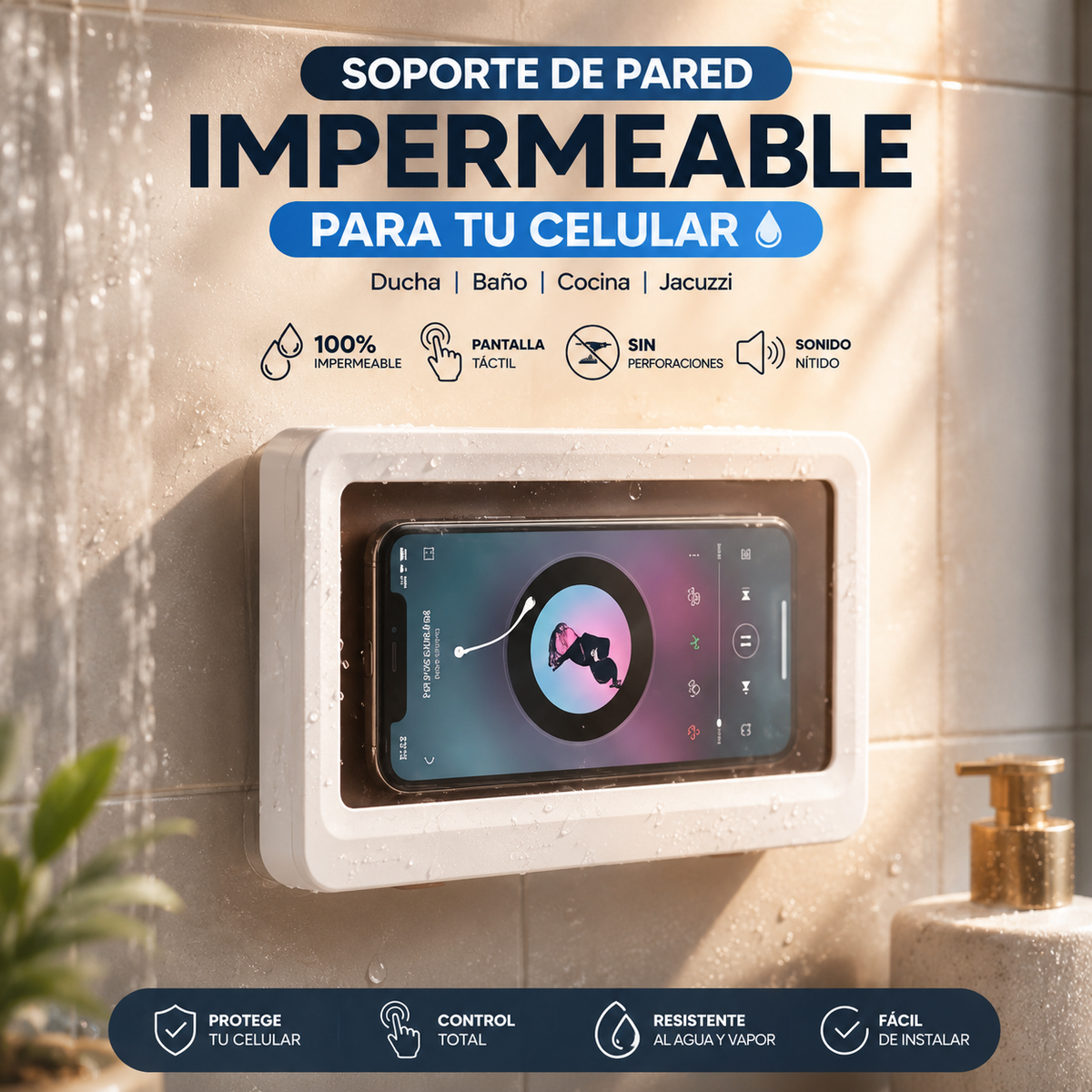 Soporte Impermeable de Pared para Celular — Ducha, Baño y Cocina
